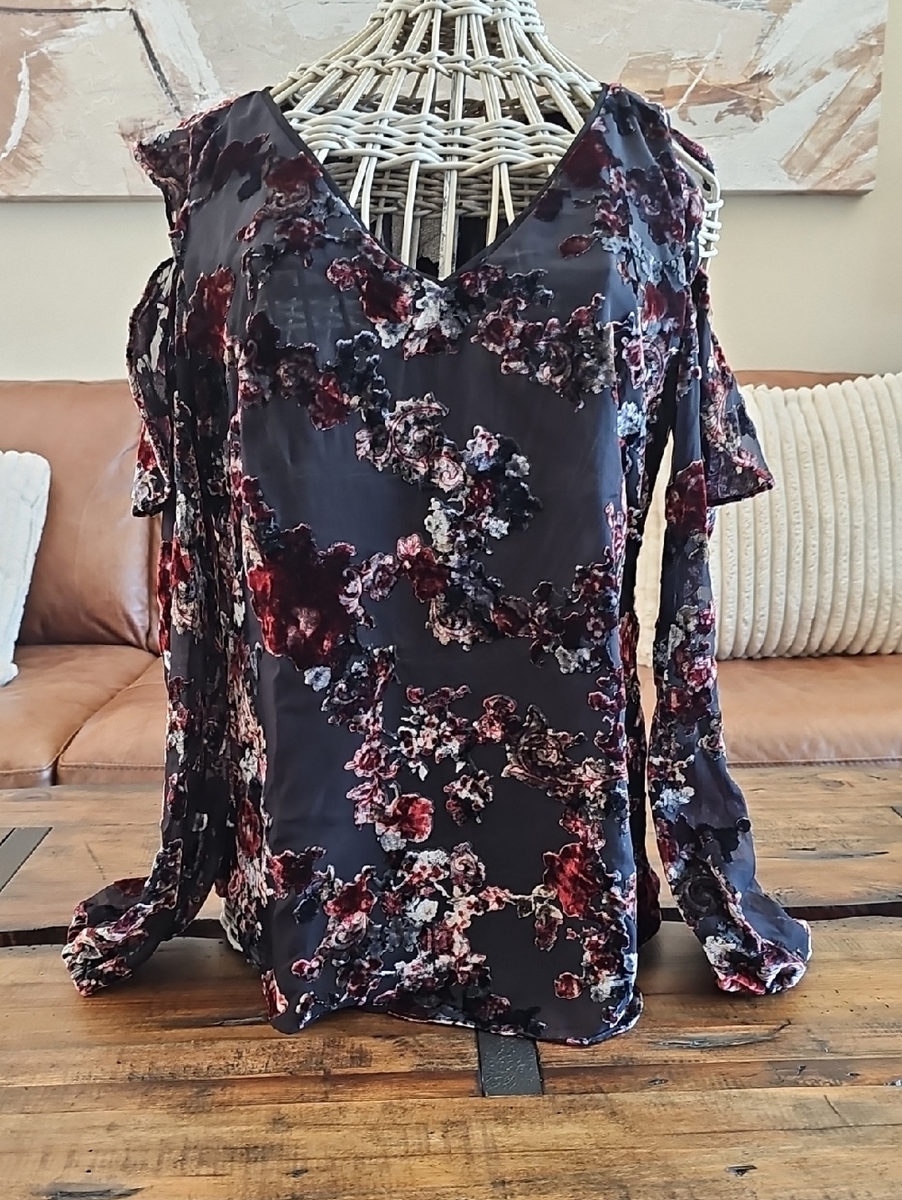 White House Black Market Floral Cold-Shoulder V-Neck Top in Black and Burgundy